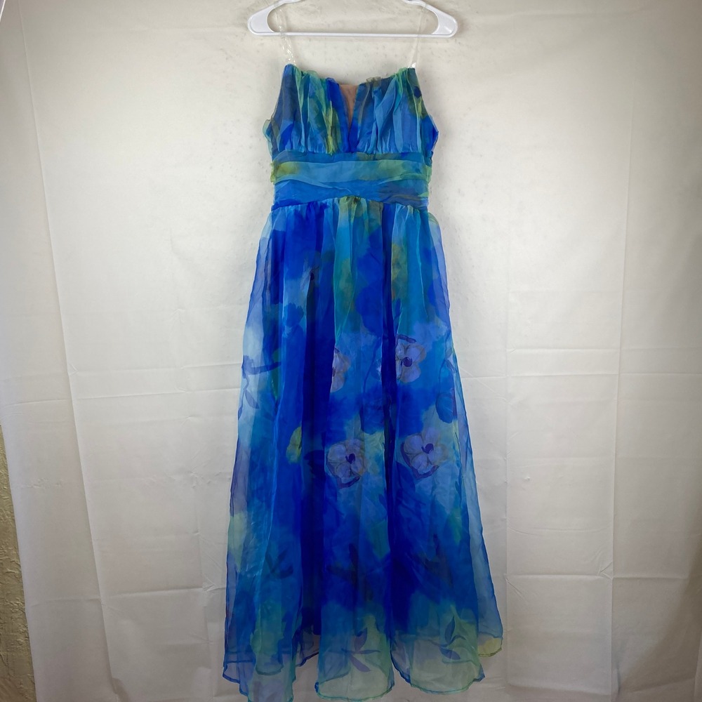 Floral Maxi Dress Women Small? Blue Green Chiffon Floral Fairycore Beachy Whimsy - Picture 2 of 6